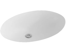 Hvid oval underlimningsvask fra Villeroy & Boch, model Evana 6144, set ovenfra med afløbet synligt.