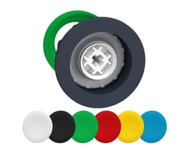 Schneider Electric Harmony XB5/ZB5 flush trykknaphoved med dele af en grøn bagring og seks farvede trykflader: hvid, sort, grøn, rød, gul og blå.