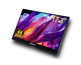 Verbatim bærbar 17,3" 4K touchskærm med metalhus, vist med en abstrakt farverig skærmbaggrund på hvid baggrund.