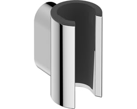 Hansgrohe vægholder til håndbruser i blank krom metal med en mørkegrå indsats, viser en cylinderformet holder.