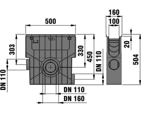 Teknisk tegning af NID sandfang 160 x 500 mm med detaljerede mål og specifikationer for rørdimensioner og dybder.