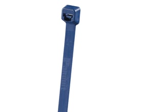 Panduit Pan-Ty detekterbar kabelbinder i mørkeblå polypropylen, 4,8 x 186 mm, med logo og mål tydeligt vist.