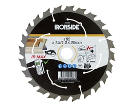 Ironside rundsavklinge til træ, 165 mm og 24 tænder, vist forfra med sort og sølvfarvet mærkat.