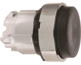 Schneider Electric ZB4BL2 trykknap i sort design med krom frontring og monteringsmekanisme på hvid baggrund.