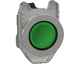 Schneider Electric flush signallampe i metal med grøn LED, 24V, vist fra fronten med fokus på den runde grønne linse og metalkanten.