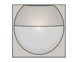 Stiliseret illustration af Niko bevægelsessensor, viser 180° synsfelt med markeringer for rækkevidde og lysfølsomhed.