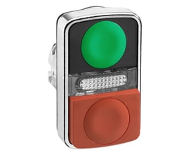 Schneider Electric Harmony XB4 lysende dobbelthoved med rød og grøn knap samt hvid vågeblus, 22mm diameter, IP66-klassificeret.