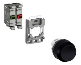 ABB trykknap MP1-408-11 med grøn og rød knapmodul, en monteringsramme og en sort trykknap mod en hvid baggrund.