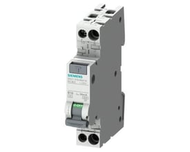 Siemens RCBO 1P+N, 6A, 6 kA brydeevne, type A, 30 mA og B6 karakteristik, vist fra siden.