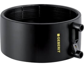 Geberit PE-HD elektrosvejsemuffe i sort PEH-materiale med 125 mm diameter, vist på hvid baggrund.