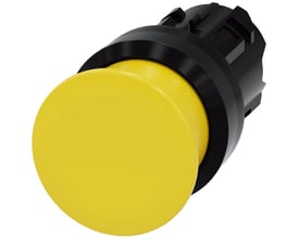 Siemens Sirius Act paddetrykknap i gul plast med 22mm diameter og sort monteringsbeslag.