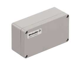 Weidmüller Klippon POK 081606 kunststofkasse i grå polyesterglasfiber med synlige skruer og mærkeetiket.