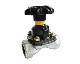 Saunders membranventil type XB, galvaniseret DN40, 1 1/2", med sort plast håndtag og gul indikator.