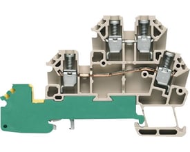 Detaljeret billede af Weidmüller trelederklemme, beige, med synlig skrueterminal og kobberforbindelser for 2,5mm² ledere.
