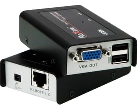 ATEN CE100-AT-G kompakt systemforlænger til USB og VGA over Cat5, med sorte enheder og synlige tilslutninger.