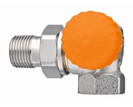 IMI Eclipse DN10 vinkelløbende radiatorventil i forniklet messing med orange indstillingsknap på hvid baggrund.