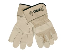 Boisen Safety Thor arbejdshandsker i luksus oksehud, str. 9, med beige stofoverhånd og CE-mærkning.