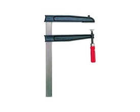 Bessey skruetvinge i støbejern, 400 x 200 mm, med lang stålskinne og rødt greb, set fra siden.