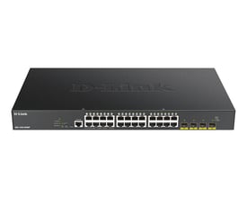 D-Link DGS-1250-28XMP sort managed PoE-switch set forfra med 24 gigabit-porte og fire 10G SFP+-porte.