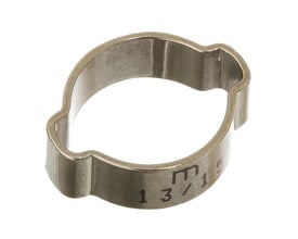 MichLar rustfri øreklemme med 2 ører, størrelse 14-17 mm, viser præcist design og målinger på hvid baggrund.