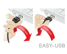 Illustration af DeLock EASY-USB, et sort USB 2.0-kabel på 1 m med Type A-stik, der kan vendes ved tilslutning.