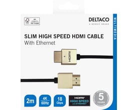 Deltaco ultratyndt HDMI-kabel på 2 meter i sort og guld vist på emballagen med stik og 4K-oplysninger.