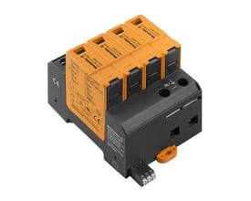 Weidmüller VPU AC II 4 R 300/50 transientbeskyttelse med skrueterminaler, type II, 300V/50kA, vist på hvid baggrund.