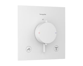 Hansgrohe Ecostat Comfort E termostatarmatur i mat hvid, vist frontalt med synlig drejeknap og symboler for bruser og badekar.