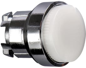 Schneider Electric Harmony Style 4 tryk, kip ophøjet hvid ZB4BH13 med 22mm diameter, vist fra siden med kromdetaljer.