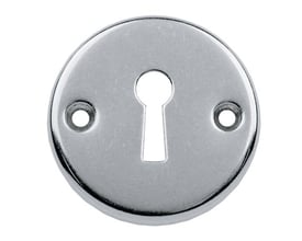 Assa Abloy Ruko nøgleskilt model RS 315-8 set forfra med rundt skilt, nøglehul og to skruehuller.