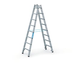 Zarges wienerstige i aluminium med 2x8 trin, 2,34m. Stigen står oprejst på hvid baggrund.