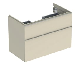 Geberit iCon underskab med to skuffer i sandgrå, hvid højglans finish, 88 cm bredt og 47.6 cm dybt.