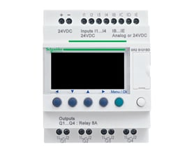 Schneider Electric Zelio intelligent relæ SR2 B121BD med 12VDC forsyning, stort LCD-display og seks betjeningsknapper.