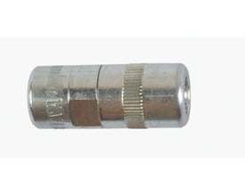 4-bakket smørehoved til fedtpresser med 1/8" standard gevind og riflet greb for bedre håndtering.