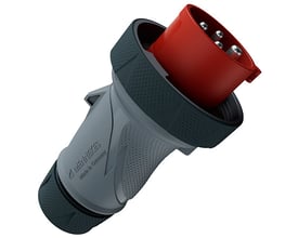 Mennekes CEE-stikprop PTX R, 16 A, 4-polet og 400 V, med gråt ergonomisk greb og rød stikdel set skråt.