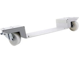 Cubic transporthjul med bremse i hvidt metal og lysegrå gummihjul på hvid baggrund.