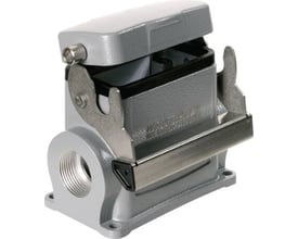 Weidmüller sokkelhus i størrelse 4, med låg åbent, viser plads til 2xM25 kabelforskruninger og bøjle.