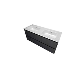 Sanibell Proline møbelsæt i sort eg, 121 cm bredt med dobbelt porcelænsvask og to integrerede grebsskuffer.
