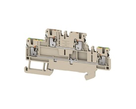 Beige Weidmüller-gennemgangsklemme A2T 1.5 FT-PE DL med to etager og synlige push-in-kontakter.