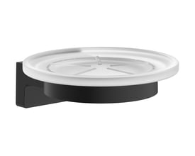 Hansgrohe AddStoris S væghængt sæbeskål med rund, mat glasindsats og mat sort holder.