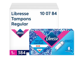 Libresse Regular tamponer i Tork 384 stk pakke, viser detaljer om slim-fit og multi-channel absorbency for optimal beskyttelse.