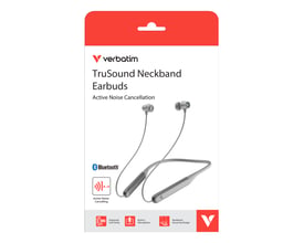 Emballagen viser Verbatim TruSound ANC-øretelefoner med nakkebøjle i grå med Bluetooth og støjreduktion.