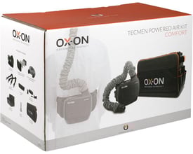 Kartonemballage for Boisen Safety Tecmen motorenhed, der viser indholdet, herunder motorenhed med bælte og opbevaringstaske.