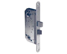 Assa Abloy låsekasse M3 med integreret mikrokontakt, set skråt forfra med metalhus og fremspringende rigler.