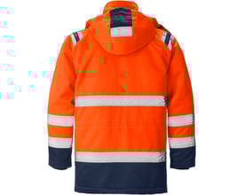 Bagsiden af en Kansas Hi Vis parka jakke i orange og mørkeblå, med reflekser og hætte.