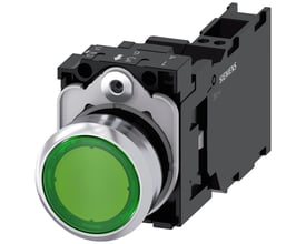 Siemens oplyst trykknap med 22mm diameter, ru metalhus og højglans grøn knap. Har 1 NO 1 NC kontakt og LED-modul.