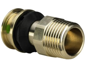 Viega Raxofix overgangsnippel med SC-Contur vist med 20 mm pres-ende og 3/4" gevind, fremstillet i messing og sort plast.