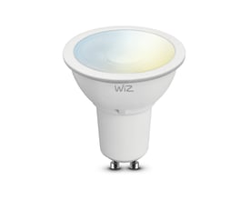 WiZ GU10 Tunable White LED pære med hvid plastkabinet og tydeligt synlig GU10 fatning på hvid baggrund.