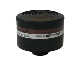 Kombifilter, CleanAIR A2P3 RD40, sort rundt filter med mærkat med teksten 'CleanAIR', 'Filter A2P3' og 'Malina Safety'.