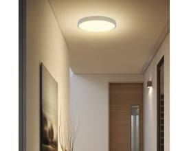 V-TAC 24W LED Dome lys monteret på loftet i en gang, giver varmt lys på 3000K.